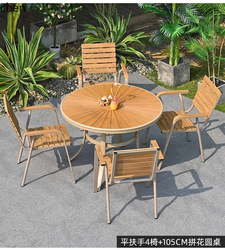 Outdoor Plastic Wood Table and Chair Set for Courtyard, Anti-Corrosion, Waterproof, Sun-Proof Table and Chair Combination
