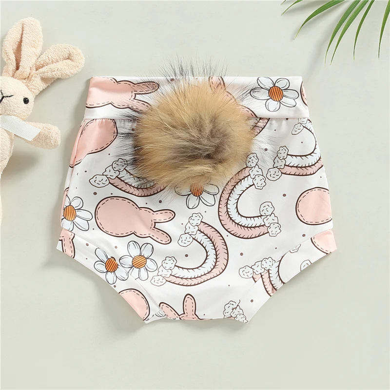 Infant Baby Easter Shorts Cartoon Rabbit/Plaid Print Elastic Waist Short Pants with Plush Tail Toddler Boys Girls Clothes