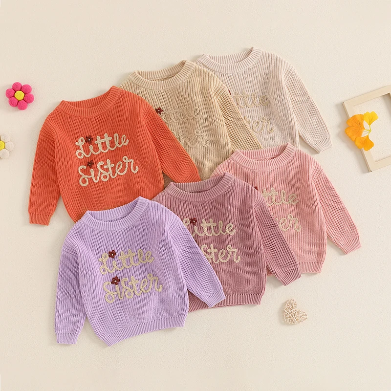 EWODOS Sister Matching Sweater Baby Girl Letter Floral Embroidery Pullover Long Sleeve Crew Neck Knit Sweater Baby Autumn Clothe