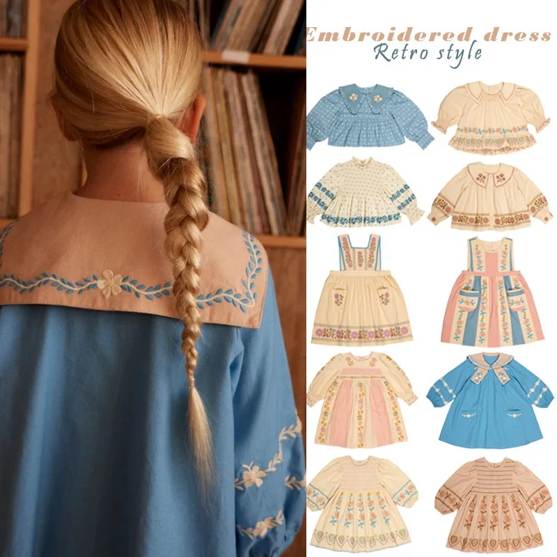 

Children's Dress 2025 Fall New Arrival Embroidered Fashion Puff Sleeve Girls' Dress Pure Cotton Sweet Cute Doll Shirt Overalls