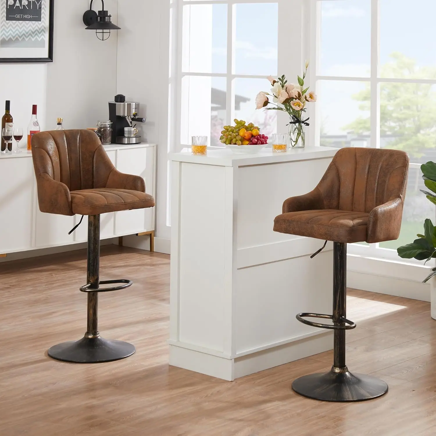 Barstools ajustável altura do contador com costas e braço, cozinha ilha fezes, cadeiras giratórias PU para Pub, conjunto de 4