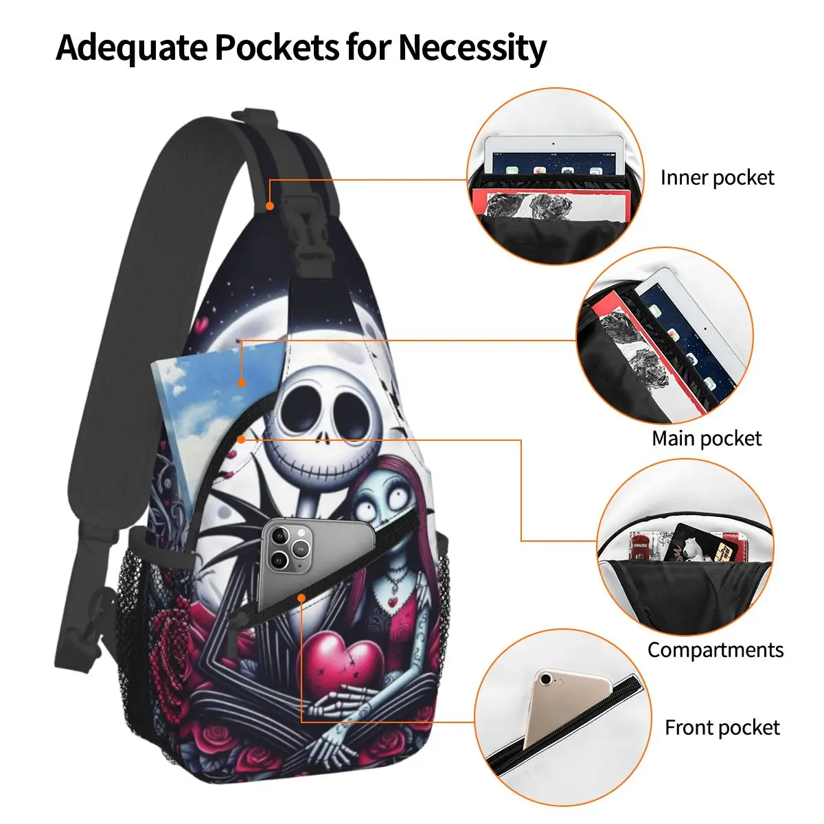 Custom Nightmare Before Christmas Shoulder Crossbody Chest Backpack Shoulder Chest Bags Jack Skellington Shoulder Backpack