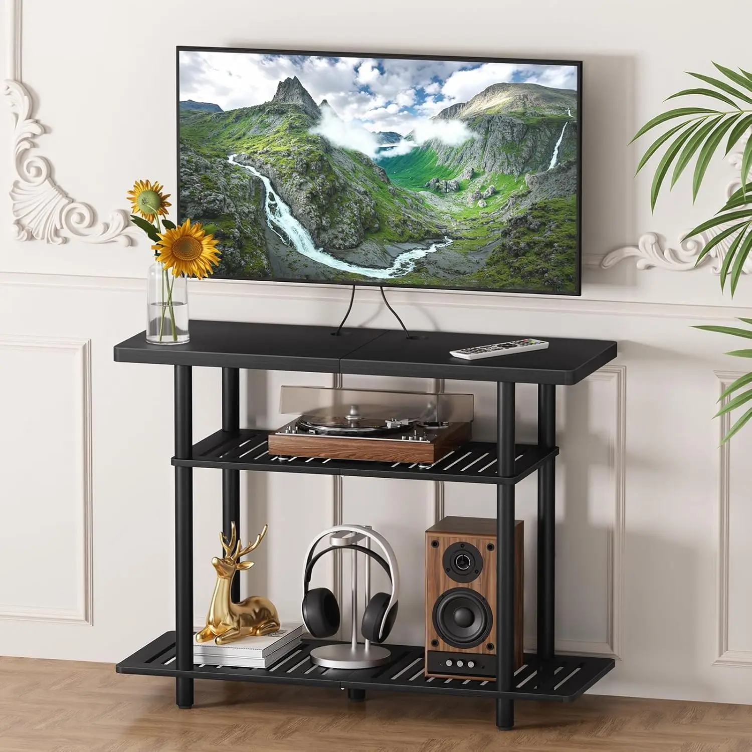 

Bamboo TV Stand, Small TV Stands for up to 32 Inch, 3-Tier Entertainment Center TV Shelf with Storage, Sturdy Corner TV