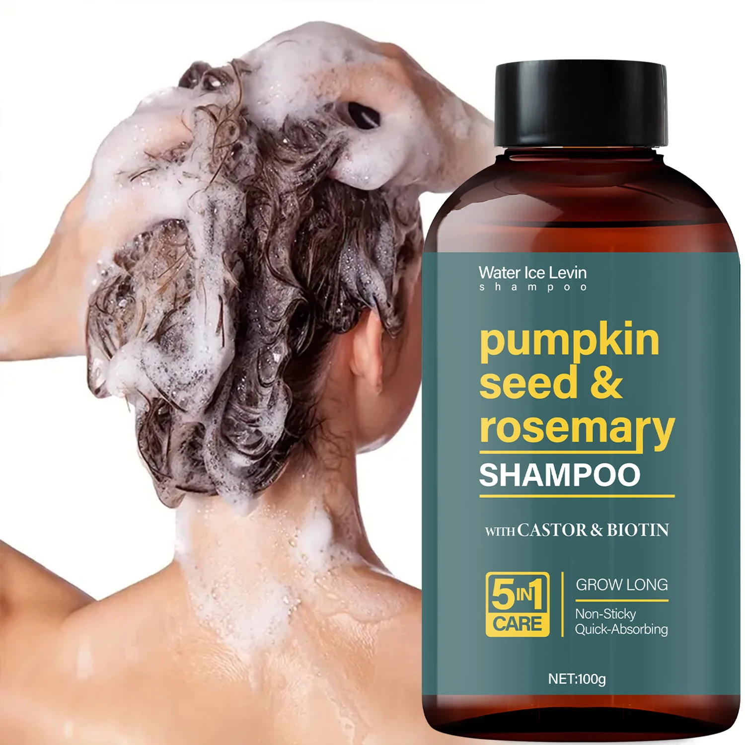 Pumpkin Seed & Rosemary Shampoo 100g, with Castor Oil & Biotin, 5-in-1 Nourishing Hair Care, Non-Sticky Formula, Fast Shipping