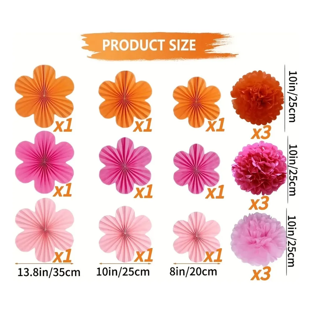 18Pcs Orange Rose Pink Paper Fans & Pom Poms Decor for Birthday Bachelorette Wedding School Party Harvest Festival & Anniversary view 2