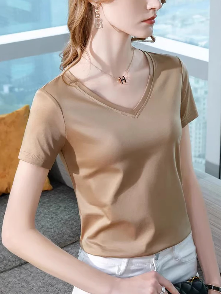 Ice Sensitive Silk Cotton V-neck Short Sleeved T-shirt for Women's Solid Round Neck Basic Commuting Elastic Oversized Top