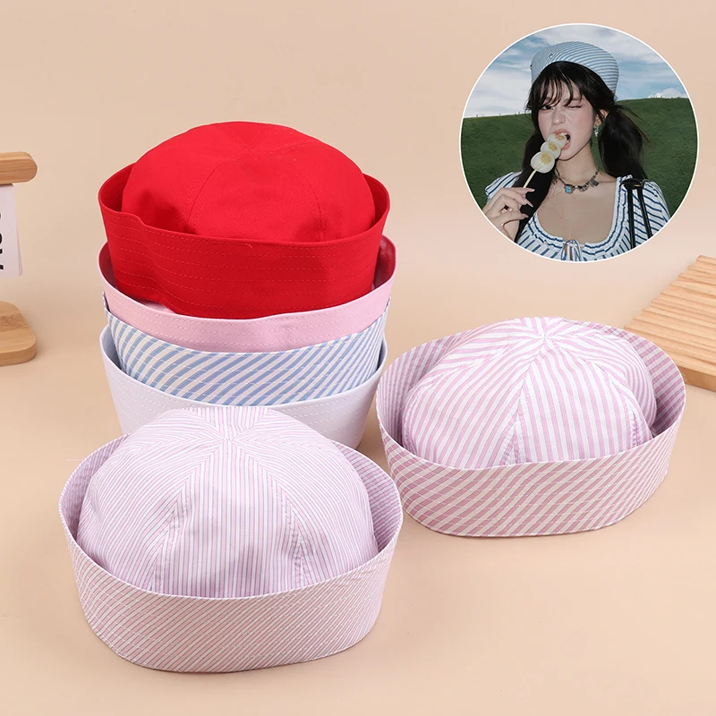 

Korean Striped Sailor Hat Lovely Sweet Turn-Up Brim Dome Cap Versatile Cap Girly French Hats Cosplay Party Supplies