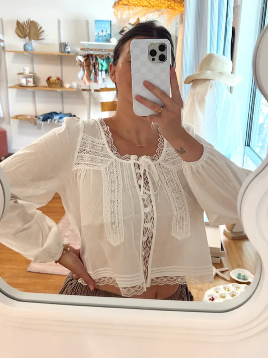 

Lace Embroidery Women 100% Cotton White Shirt Hollow Out Round Neck Long Sleeve Elegant Female Blouse