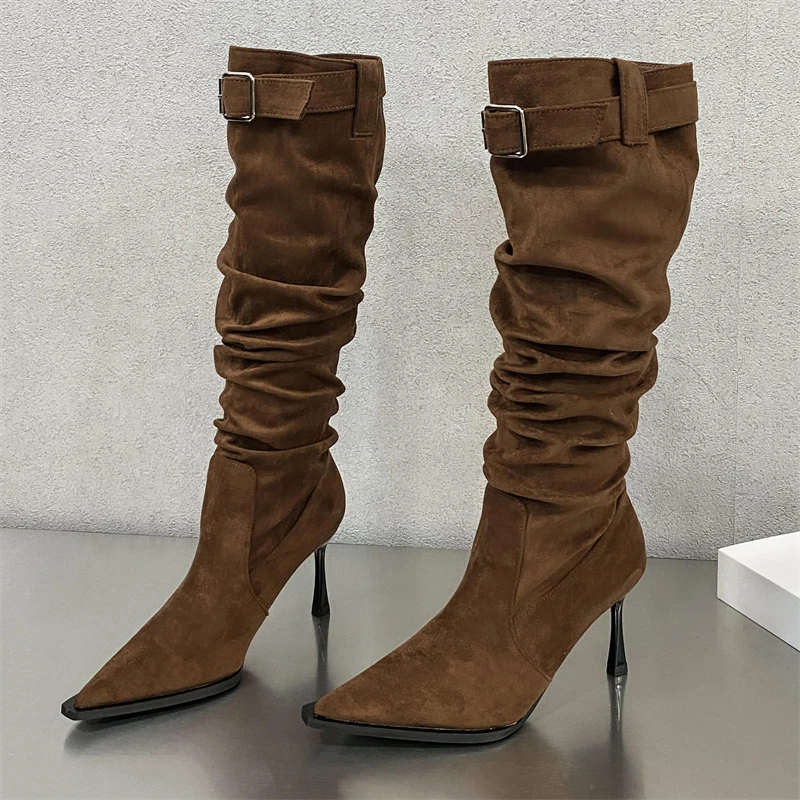 

Eilyken/женские плиссированные сапоги до колена в стиле панк с пряжкой и ремешком, осенне-зимние вечерние модельные туфли на тонком высоком каблуке с острым носком