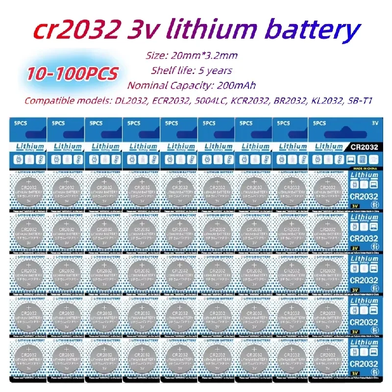 10-100PCS 200mAh CR2032 DL2032 ECR2032 3V Lithium Battery for Watch Toys Calculator Car Key Remote Control Button Coin Cells