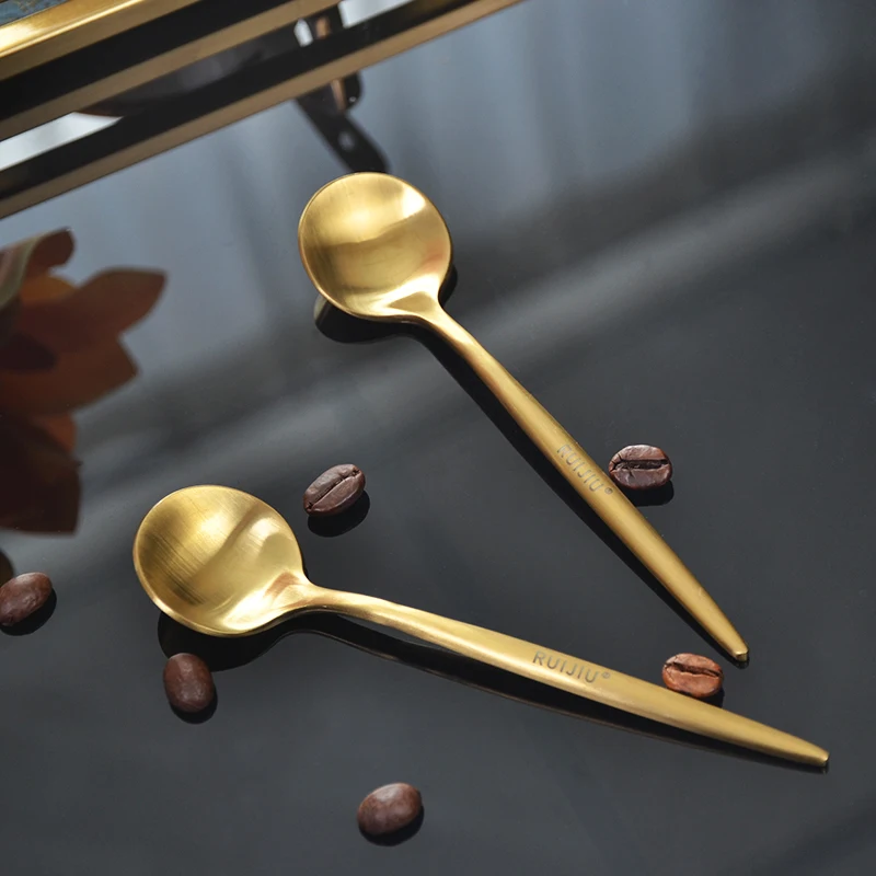 

Gold Stainless Steel Coffee Spoon, Small Spoon, Soup Spoon, Long Handle Stirring Spoon, Mini Tableware, Round Head Small Spoon