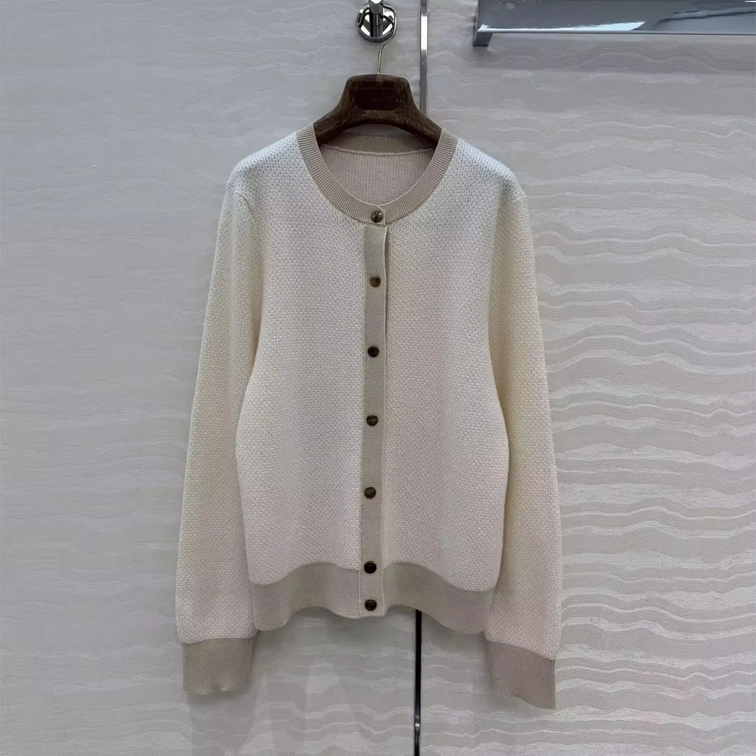 Old Money Style Vintage 100% Wool Knitted Cardigans Women Patchwork O-neck Long Sleeve Metal Single Breasted Casual Sweater