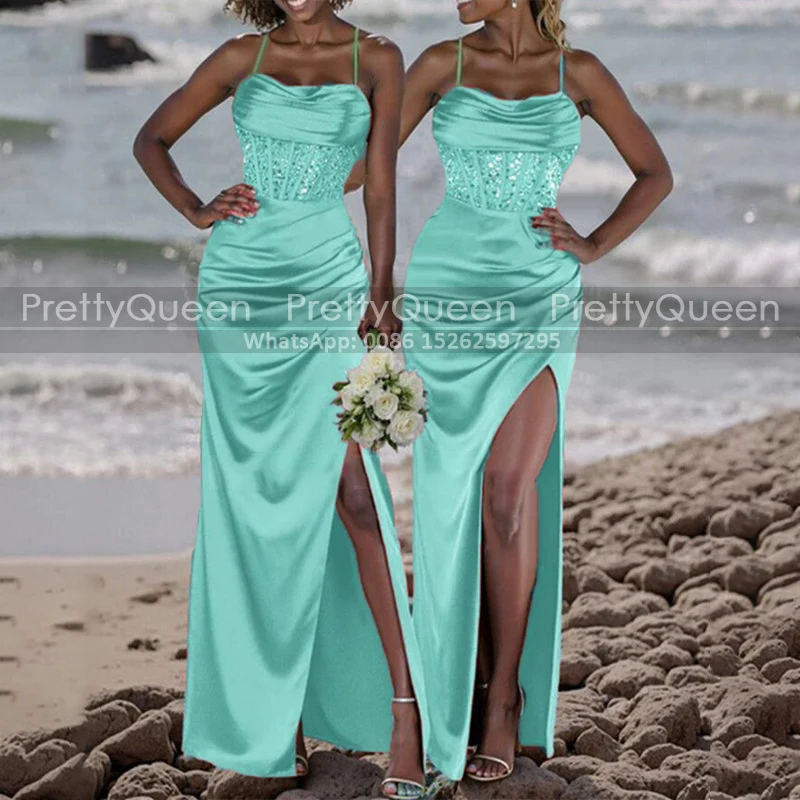 Emerald Green Sequins Bridesmaid Dresses Pleat Mermaid High Slit Customized Spaghetti Straps Long Wedding Party Dress