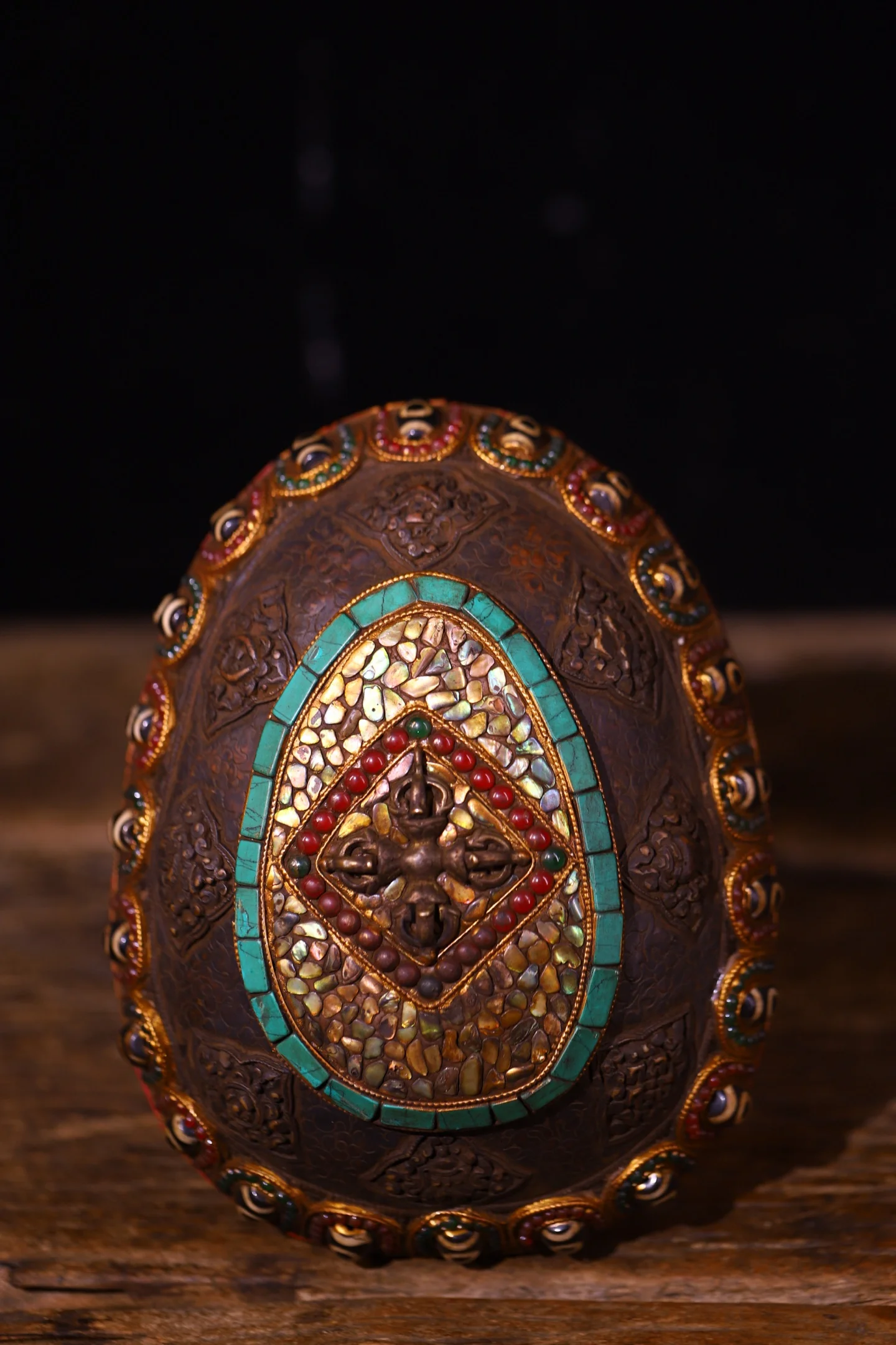 Old Kabala Bowl Gem gZi Beads Turquoise Eight Treasure Pattern Gabala Bowl Bodhi Root Base Offering bowls Worship Hall