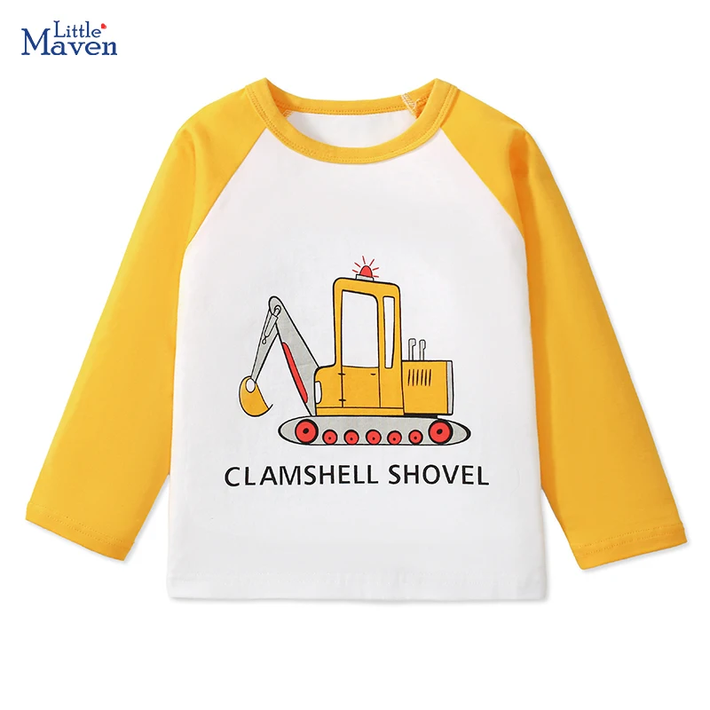 Little maven 2024 New Spring Autumn Baby Boys CLAMSHELL SHOVEL Tops Children's Clothing Cartoon Vehicle Cars Boy T-shirts Cotton