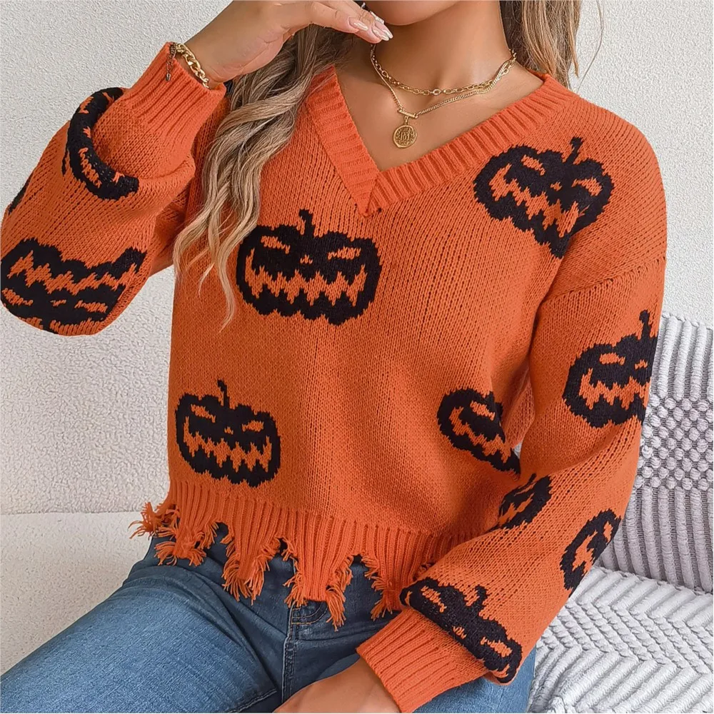 

Autumn/Winter Halloween Color Blocked Pumpkin Scissors Long Sleeve Hooded Sweater For Women Fashion V-neck Knitted Sweaters