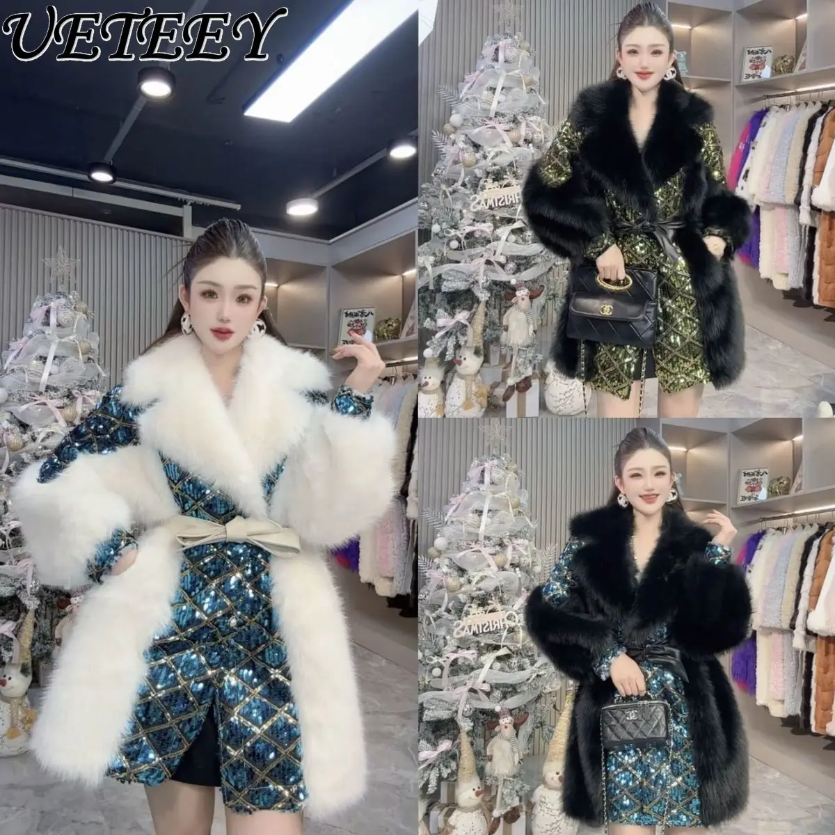 

Winter New Sequins Furry Elegant Goddess Fur Collar Fur Coat Fashionable Socialite Color Block High-end Shiny Long Overcoat Lady