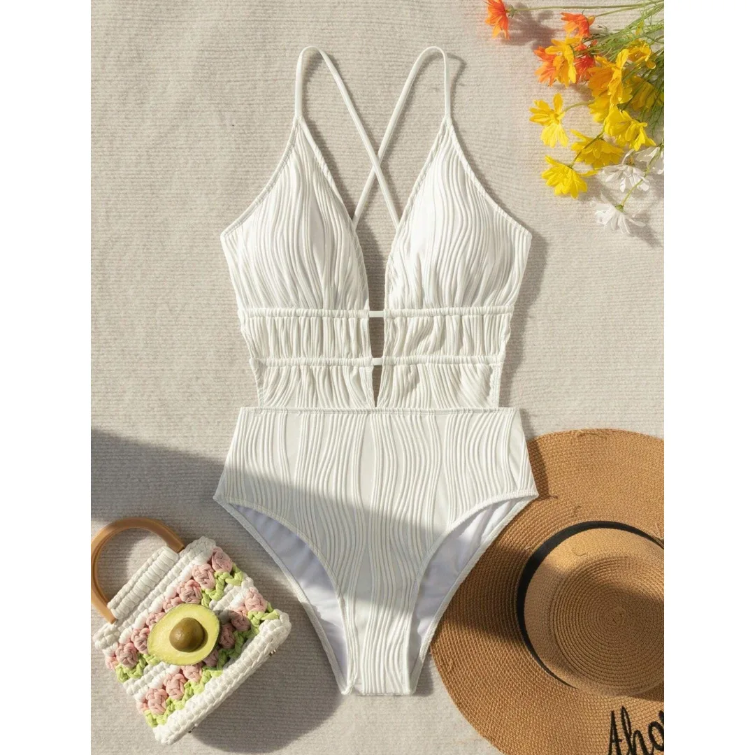 Maillot de bain une pièce pour femmes, nouveau Style européen et américain, couleur unie, dos nu, décolleté en v profond, 2025
