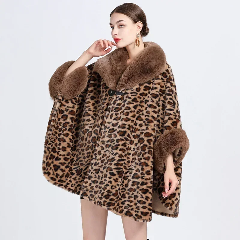 

Europe, America, autumn and winter new velvet thickened imitation Rex rabbit fur collar cape large size woolen coat cardigan