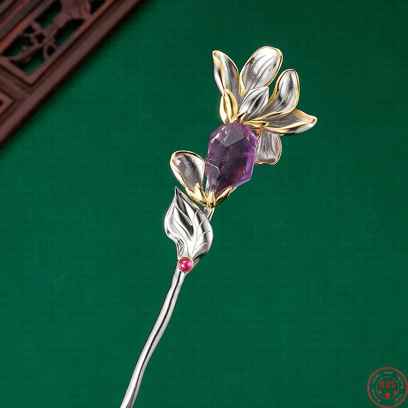 S925 Sterling Silver Hair Sticks for Women Contrast Colored Lotus Inlaid Natural Amethyst Hair Forks Hairpin Jewelry Wholesale