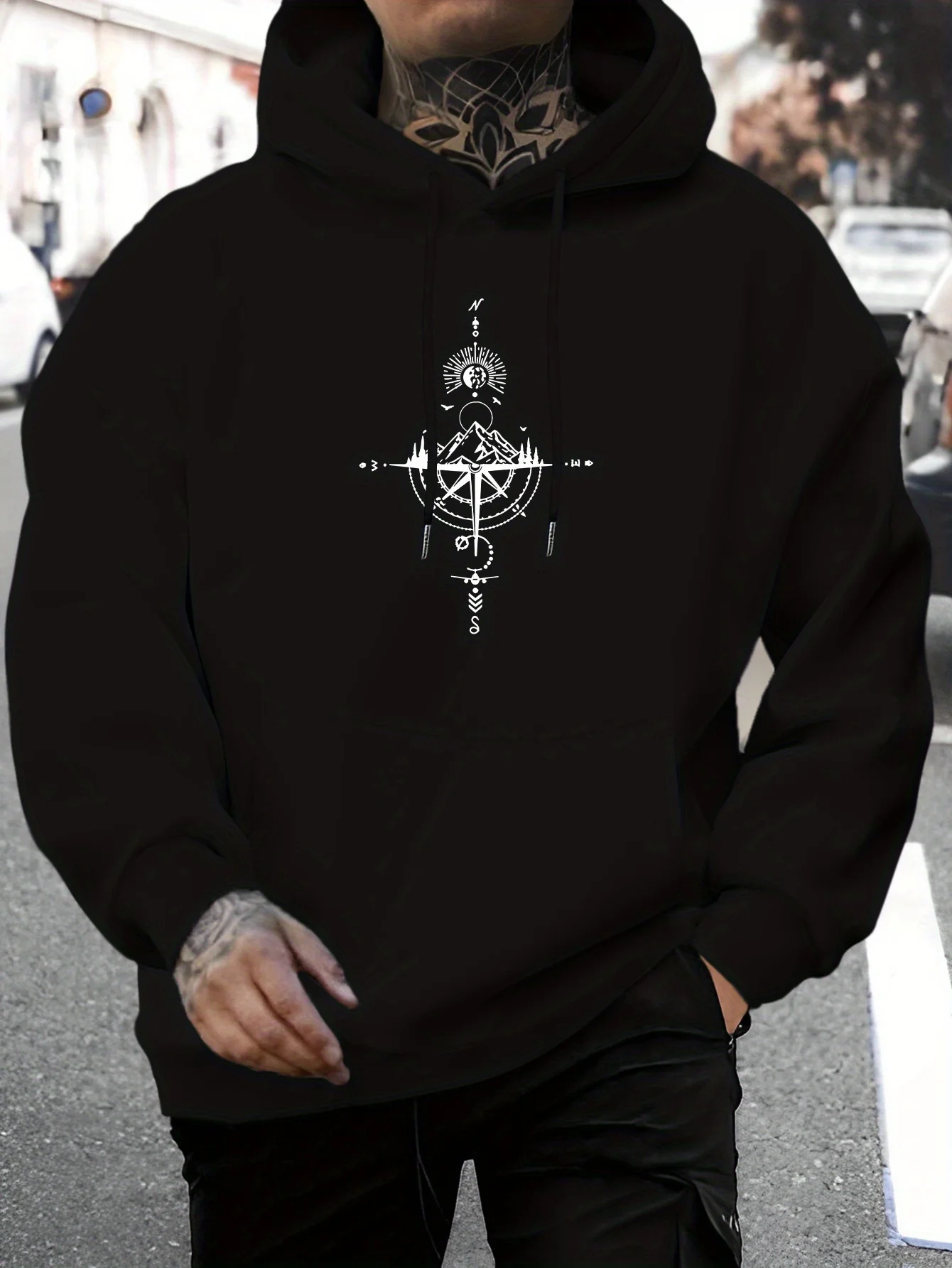 Retro style, navigation compass, mountain scene pattern, adjustable drawstring, men's sport and casual hooded sweater