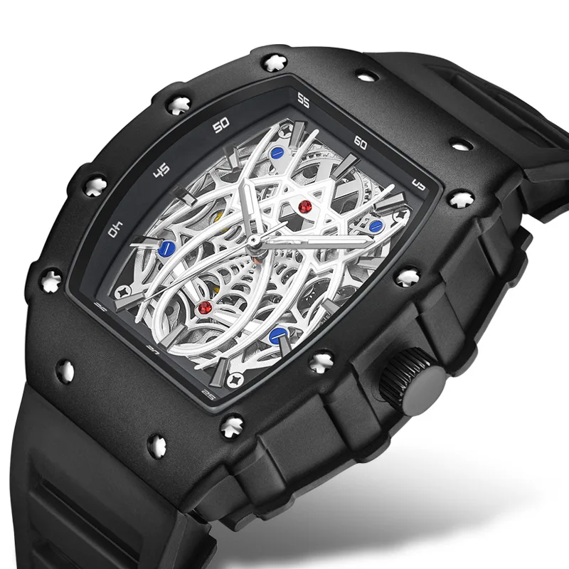 Wormhole Concept นาฬิกากันน้ําผู้ชายกลางแจ้ง Wine Barrel อัตโนมัติ Hollow Mechanical นาฬิกาผู้ชายนาฬิกานาฬิกาส่องสว่าง