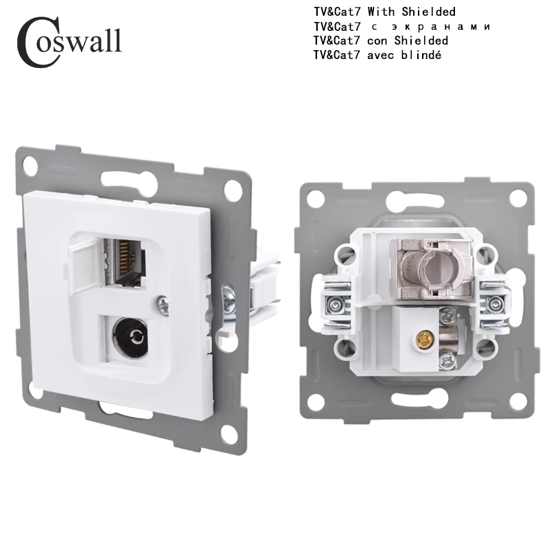 COSWALL H Series Wall TV Connector With CAT7 With Shielded RJ45 Internet Computer Data Outlet Module DIY White