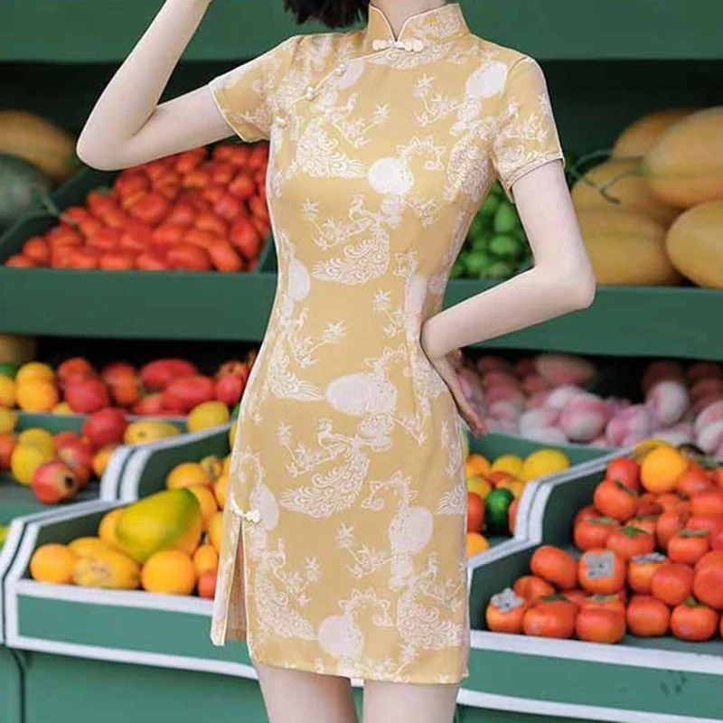 Yellow dress female early autumn 2024 new fashion elegant girl improved cheongsam Joker casual short skirt. vintage dress