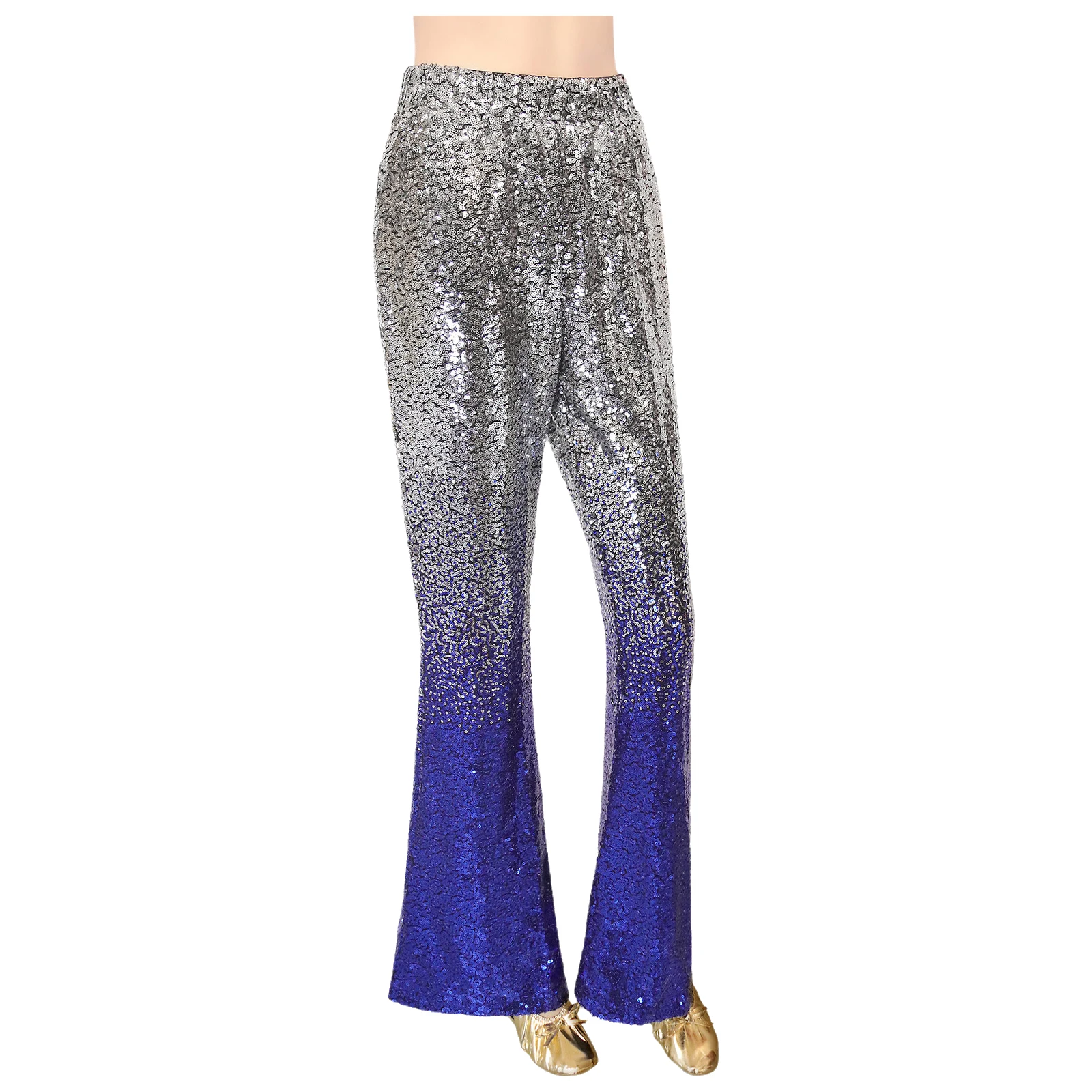 Mulheres brilhantes lantejoulas jazz dança queimado calças gradiente lantejoulas cintura elástica calças de perna larga para tango latino dança de salão