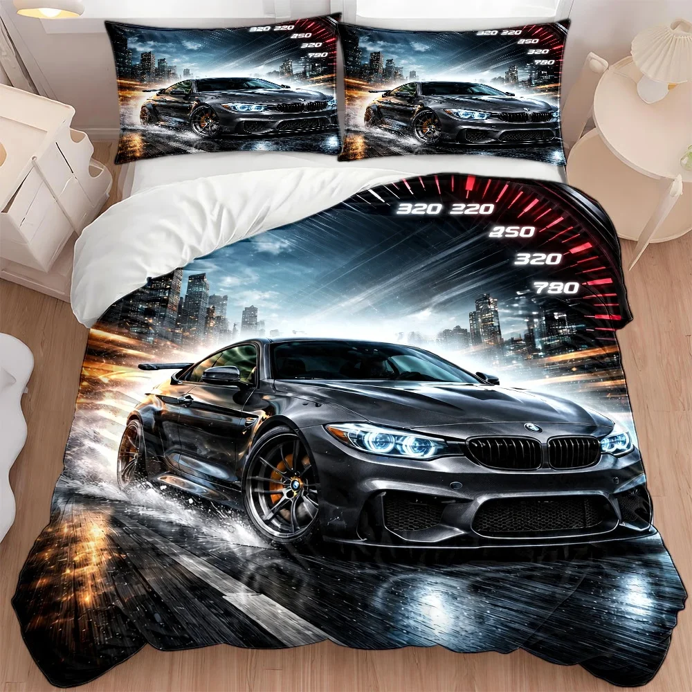 3Pc Car-Themed Duvet Cover Set, Three-Piece Bedding Set (1*Duvet Cover + 2*Pillowcases), Suitable for All Seasons, Machine Washable, Invisible Zipper Design, Suitable for Home, Dormitory, Master Bedroom, Guest Room, Large Double Bed Cover Bedding Set, Trendy Racing Elements Bedding, Quick-Drying, Breathable, Skin-Friendly Fabric, Personalized Cool Bedroom Decor, Specially Designed for Three-Piece Bedding Set with 2D Flat Print