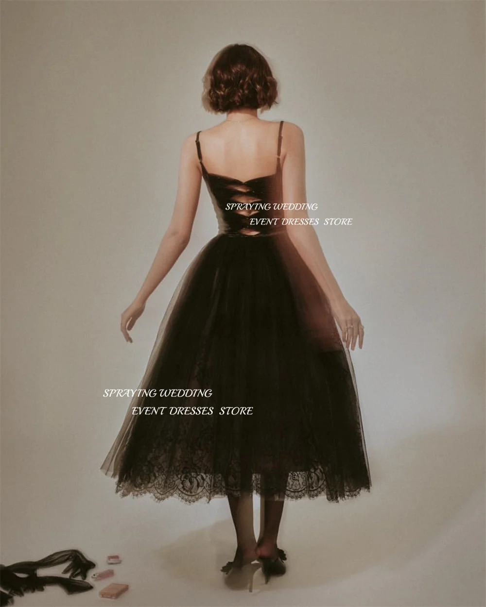 SPRAYING – robe de soirée Sexy en dentelle noire, bretelles Spaghetti, longueur thé, col rond, ligne A, en Tulle, robes de soirée formelles, robe de bal personnalisée