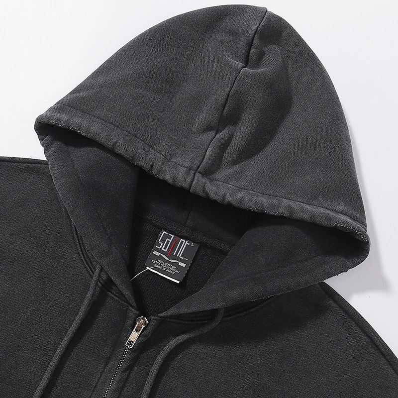 2026 New SAIMT Men Hooded Zip Jacket Vintage Acid Wash Destroyed Hole Plain Loose Hip Hop Casual Oversized Top