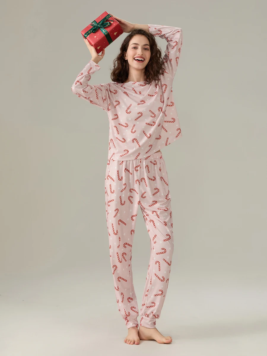 Kerstpyjama voor dames, snoepriet/elanden print, shirt met lange mouwen en elastische broek voor loungewear, zachte nachtkleding