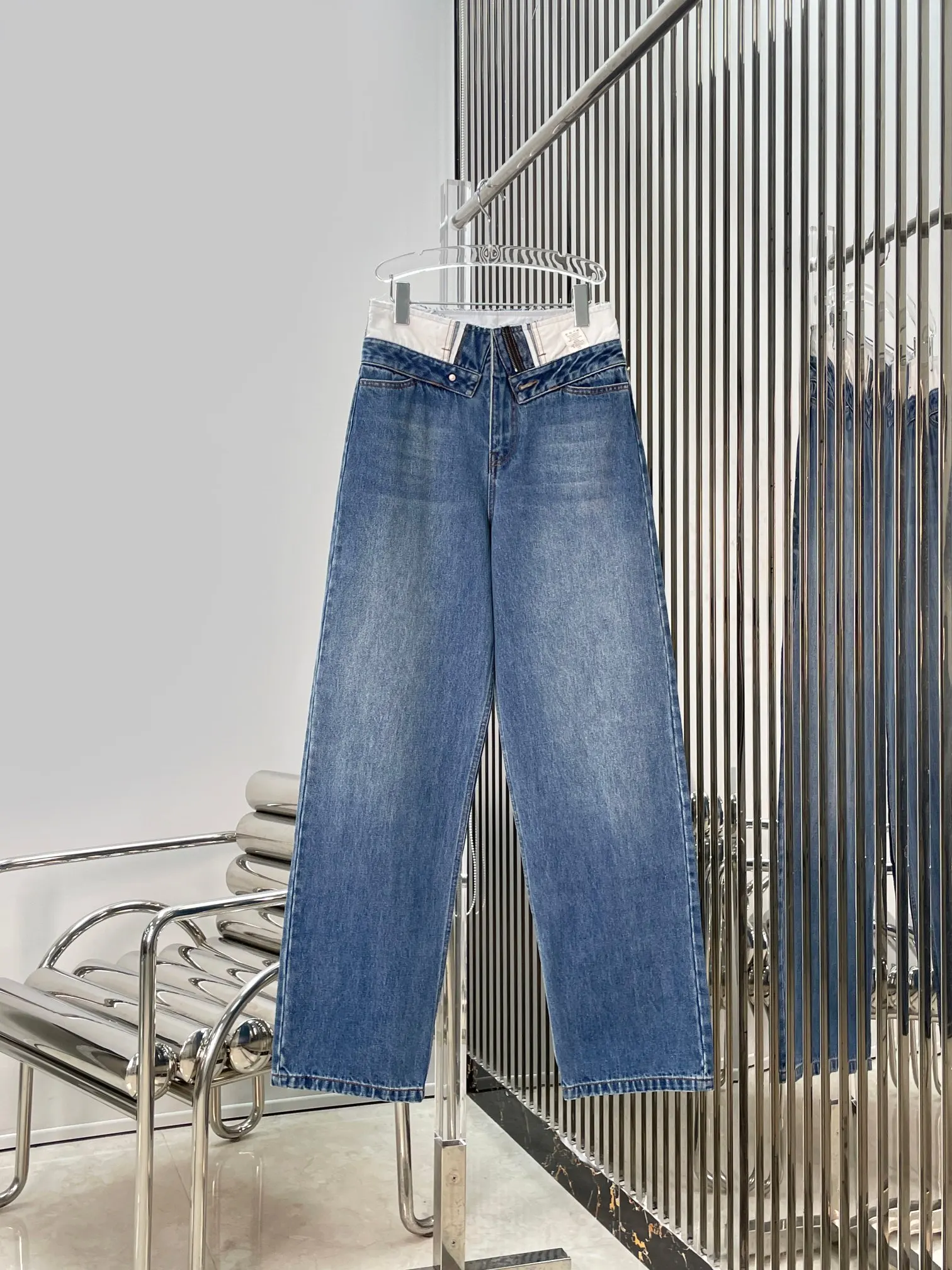 

High Waist Straight Leg Distressed Denim Pants Asymmetrical Splicing Slimming Women's Fashion Spring Autumn Zipper Closure