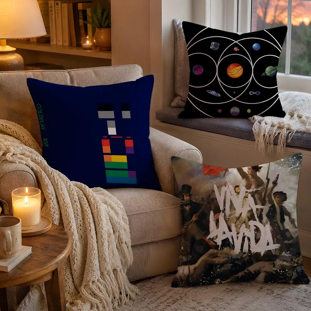 C-Coldplay Band Cushion Cover 1pc Square Pillow Cover Soft Plush Fabric Removable Washable Sofa Chair Bed Decoration