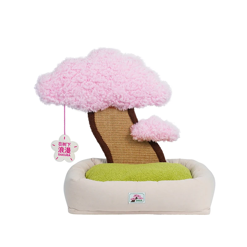 sakura  style design large Cat Bed With Scratching Post Minimalist Style Design Of Cat Tree With Cozy Pet Cat Cushion Bed pink