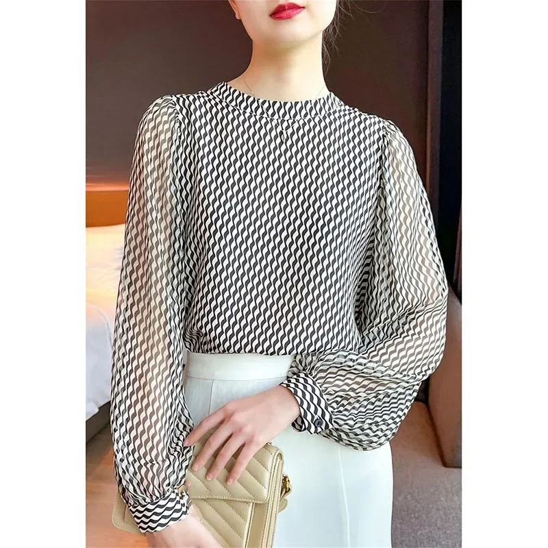 Summer Femme Wave Striped Patchwork Shirts Top Korean Women Stand Collar Shirts Coat Spring Ladies Fashion Large Size 4xl Blouse
