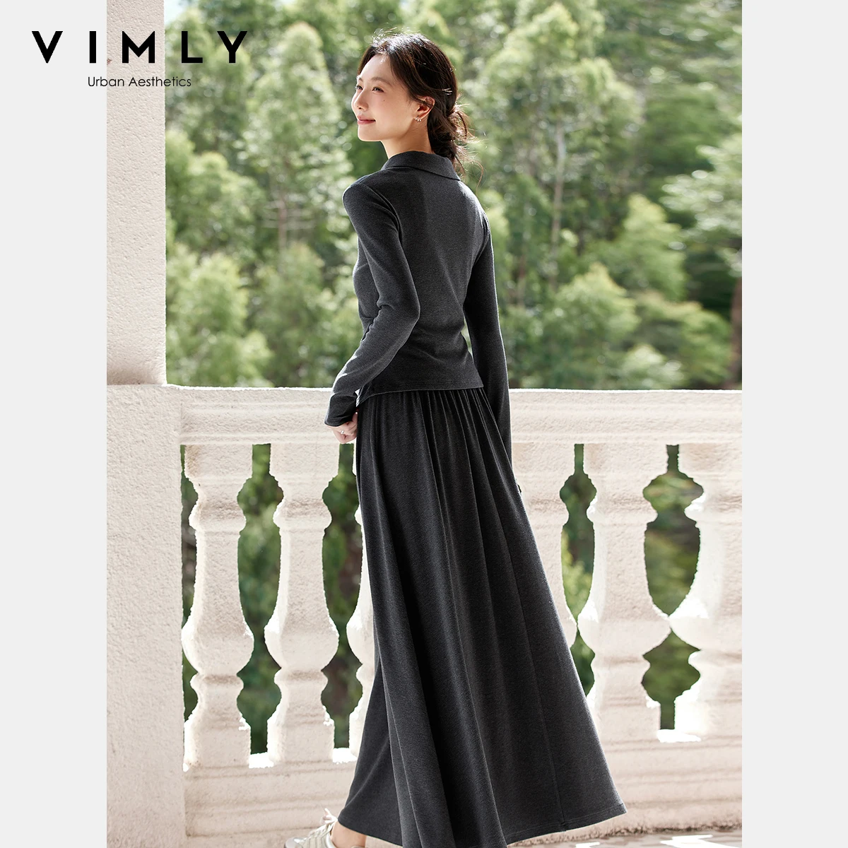 VIMLY Woman Skirt Sets Two Pieces Casual Autumn 2025 Polo Neck Knitted Tops Long A-line Skirts Loose Elegant Women's Suits A2566