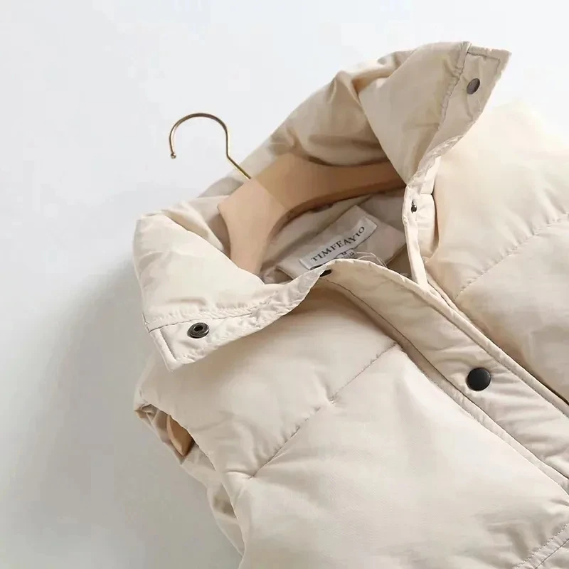 2023 Autumn Winter Women Solid Loose Vest Jacket Drawstring Stand Collar Sleeveless Cotton Padded Parkas Female Warm Waistcoat