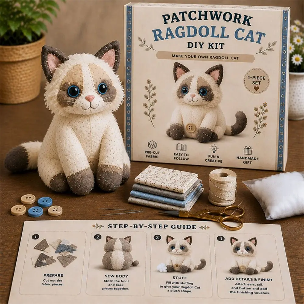 Handmade Patchwork Cat Kit Pre Cut Fabric Step by Step Guide DIY Sewing Kit Stuffing Included Buttons Included