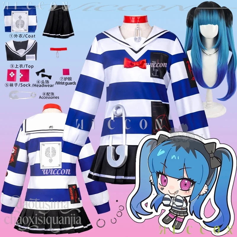Love CoCos Store juego cien Cosplay Amemiya Darumi disfraz de Anime Jirai Kei niñas azul blanco rayas marinero camisa vestido pendiente