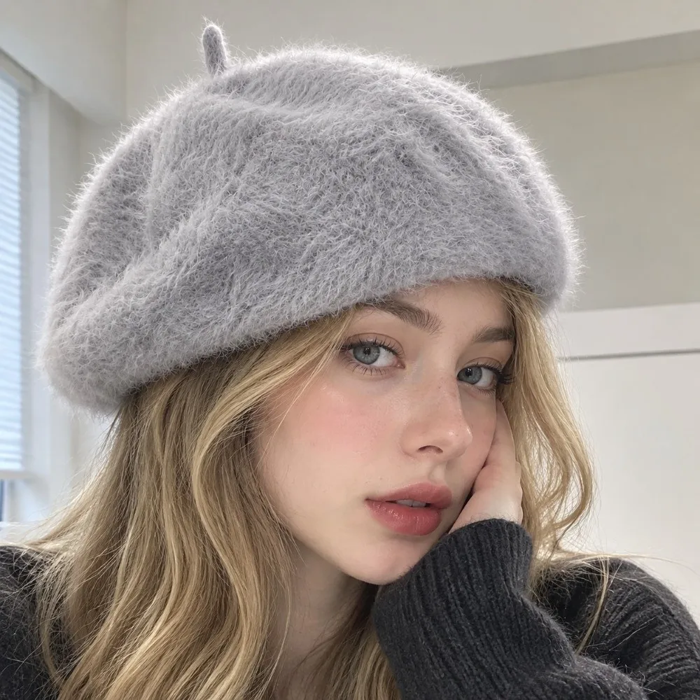 Comfortable Solid Color Faux Mink Beret Furry Soft Pumpkin Painter Cap French Style Flat Top Plush Octagonal Cap Dating