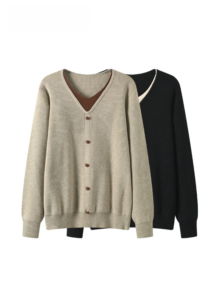 

Faionable V-Ne Long Sve Knitwear Casual Loose Fit plus Size Women's Top Trendy Spring Faion Fake Two-Piece Ensemble