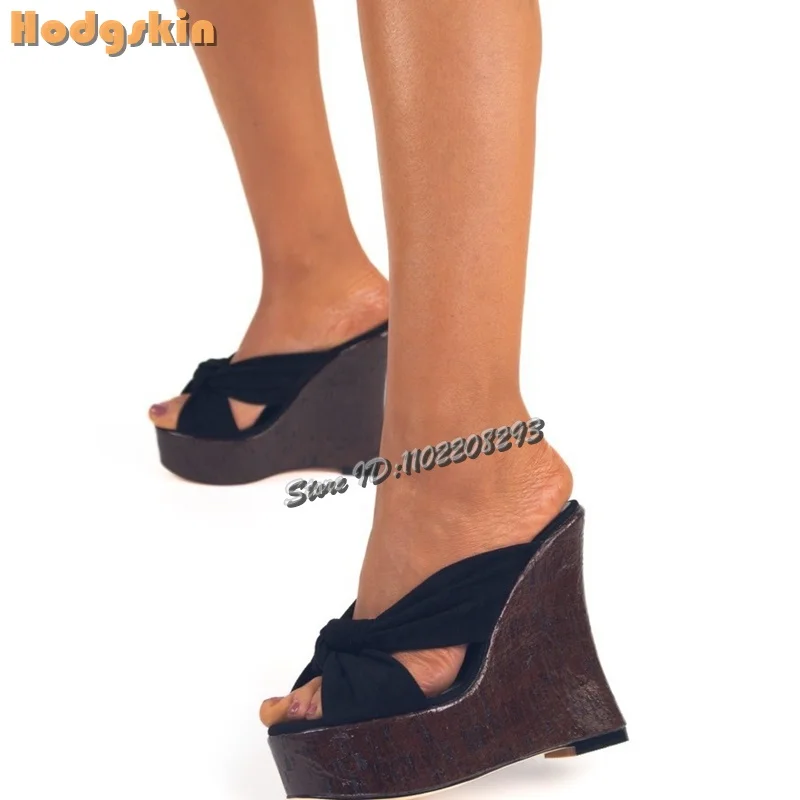 

Open Toe Wooden Platform Slippers Black Satin Cross Strap Wedge Heel Roman Sandals 2026 Summer New Women's Fashion Party Shoes