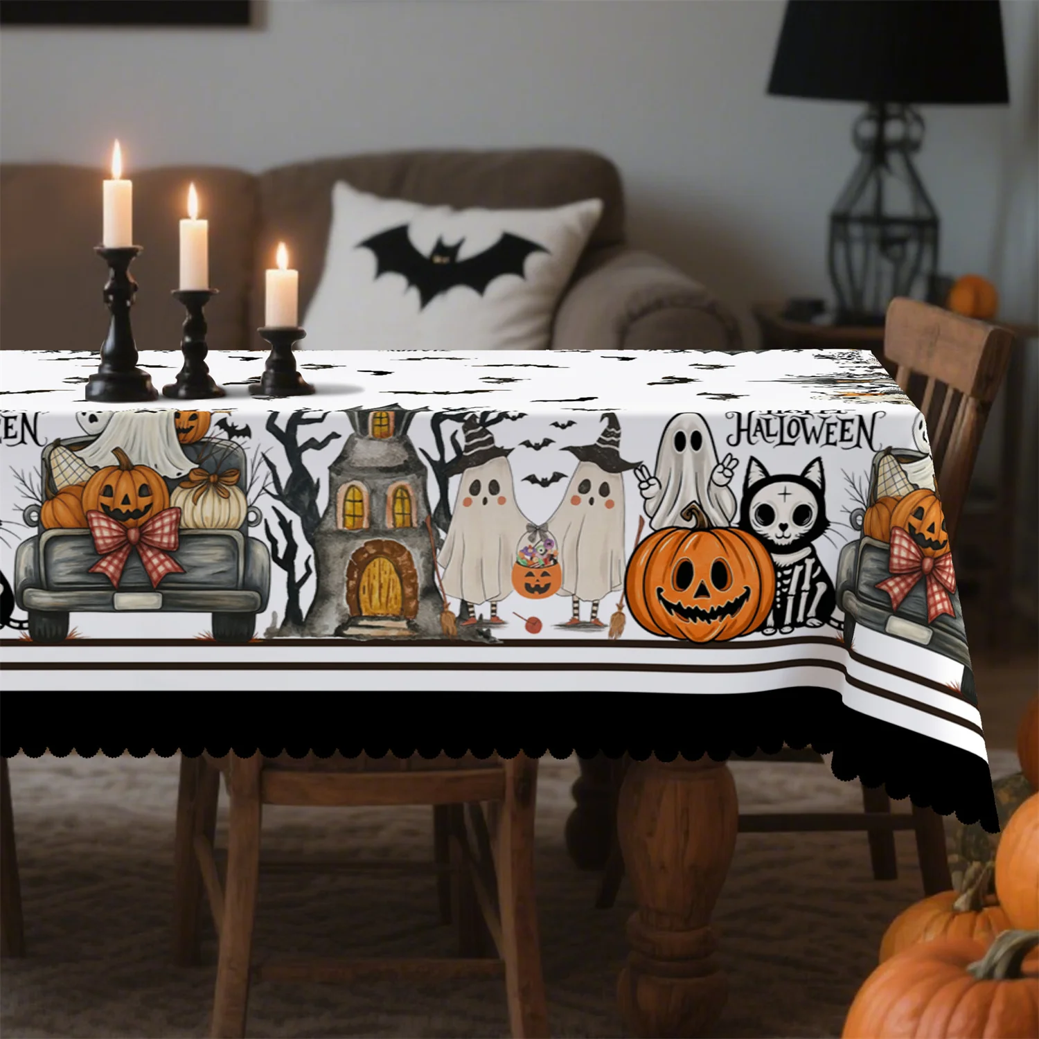 Striped pumpkin ghost cat truck dead tree bat Halloween tablecloth 1 pack suitable for kitchenzyv
