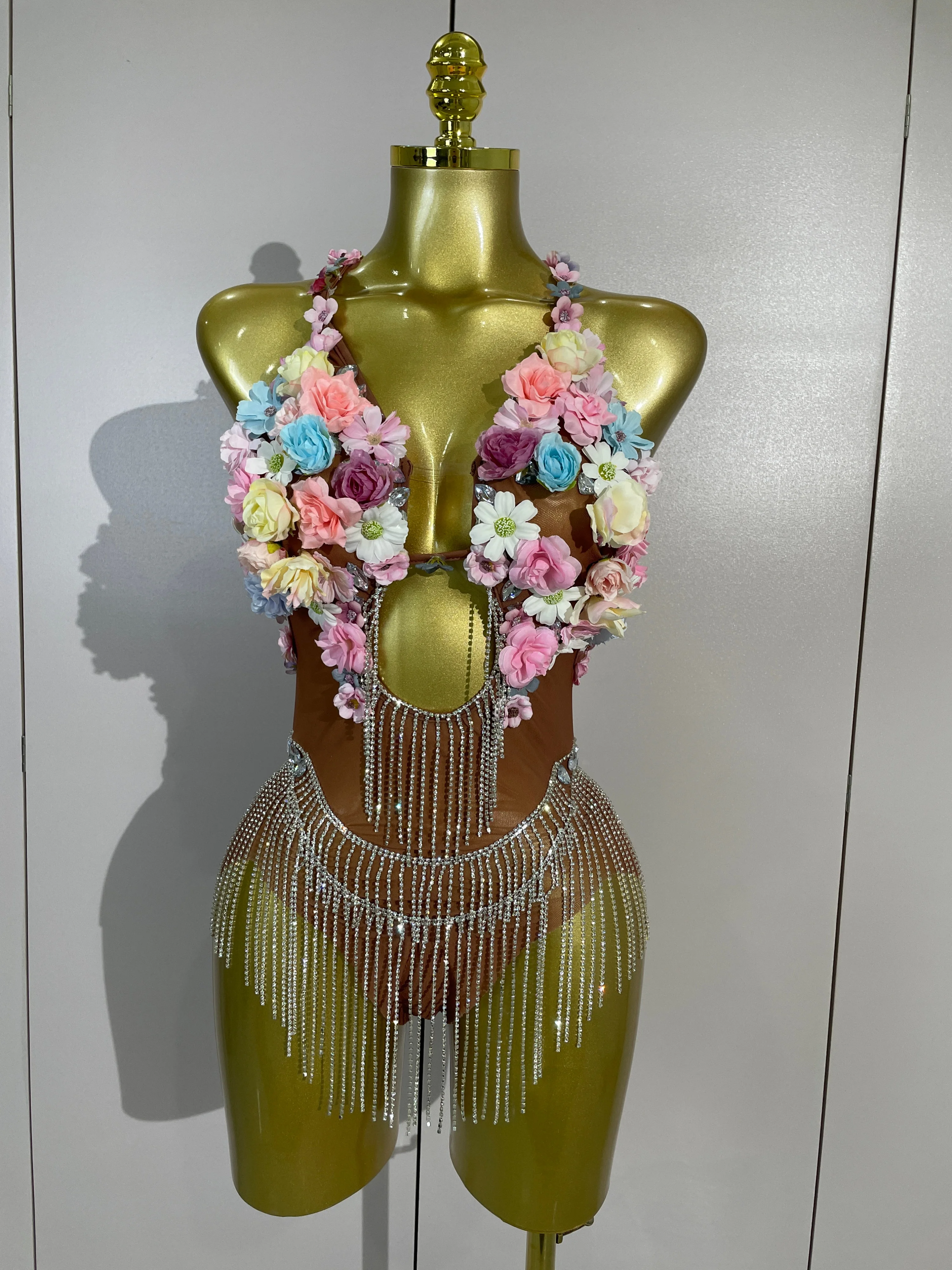 Luxury Diamonds Chain Colorful Flower Sexy Mesh Bodysuits Women Evening Party Nightclub Festival Stage Show Photo Shoot Outfit