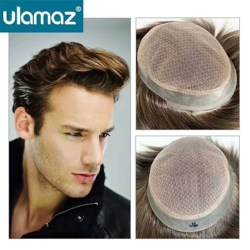 Australia Toupee Clear Pu Lace Male Hair Prosthesis Human Hair Wigs For Men Breathable Men's Capillary Prosthesis Man Hairpiece