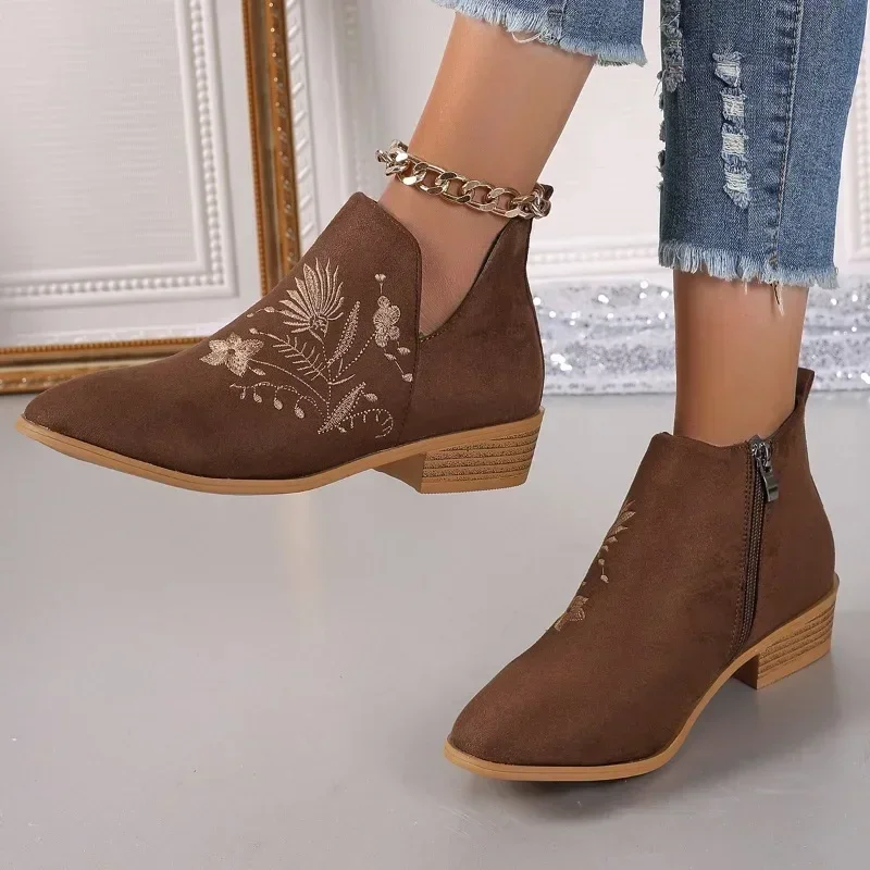 2024 Autumn New Fashion Solid Embroidery Women's Boots Versatile Naked Boots Zipper Pointed Toed Shoes for Women Zapatos Mujer