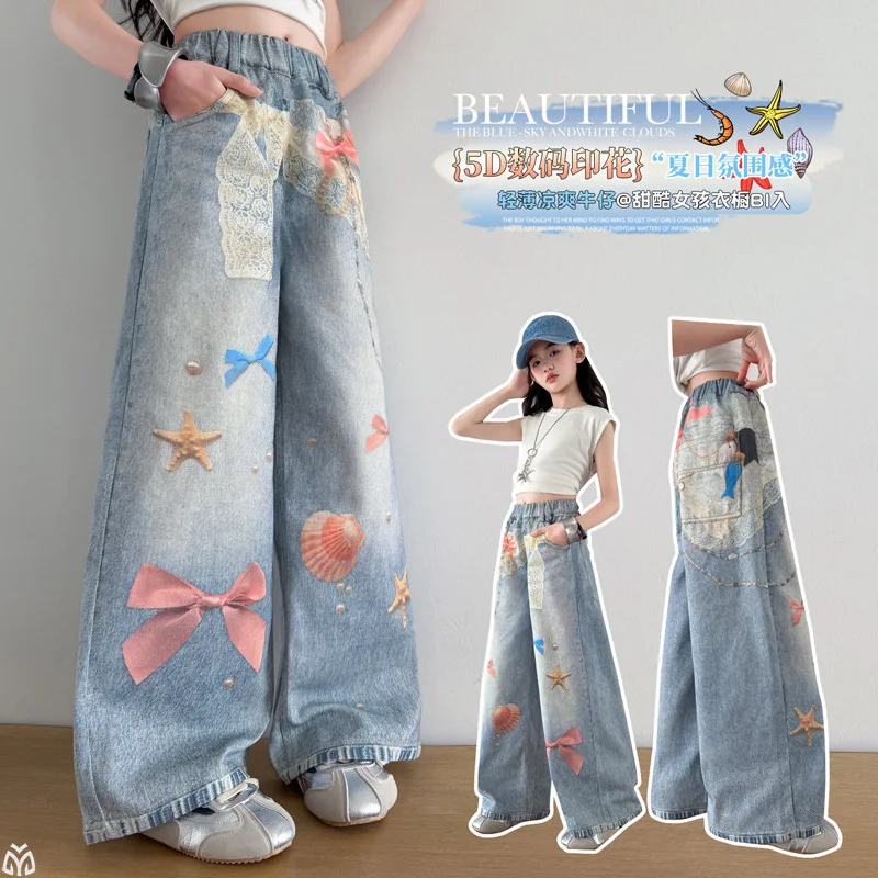 Teen Girls Bow Printed Jeans Spring Summer Fashion 4-14 junior Kids Dopamine Ocean Wide Leg Denim Pants Child Trousers Clothes