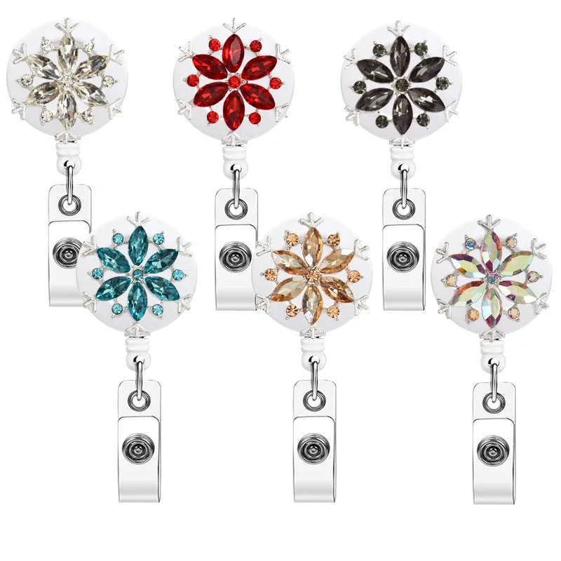 Christmas Crystal Snowflake Badge Reel Clip for Women Rotating Retractable Nurse ID Holder Alloy Teacher Student Lanyard Clip